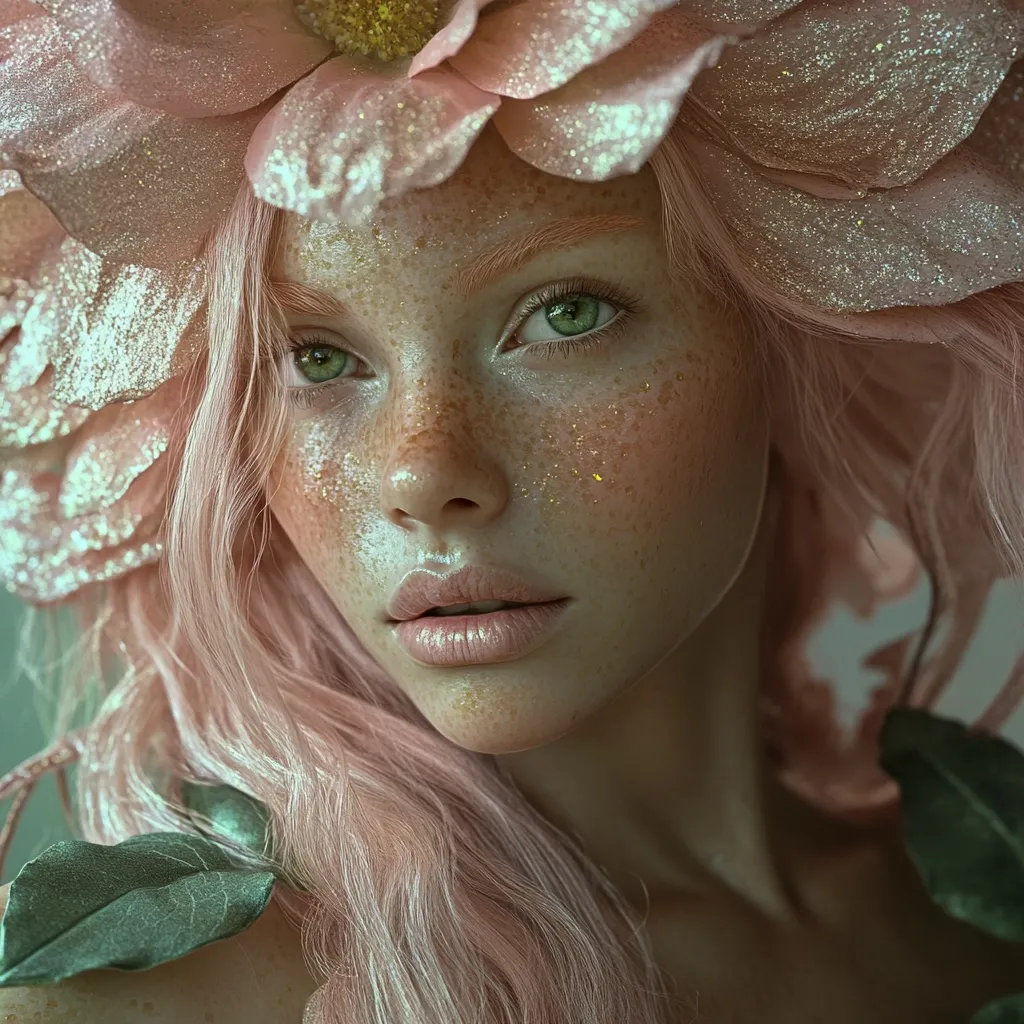 Here's a description of the image:

The image showcases a young woman with pale skin and pink hair, adorned with a large, glittery pink flower crown.  Her face is subtly freckled, and dusted with gold glitter, giving a ethereal, almost fairy-like appearance.  Her expression is soft and serene.  Green leaves peek out from behind her, complementing the pink tones. The overall aesthetic is dreamy and romantic, suggesting a fantasy or magical theme. The lighting is soft and muted, enhancing the image's delicate mood.