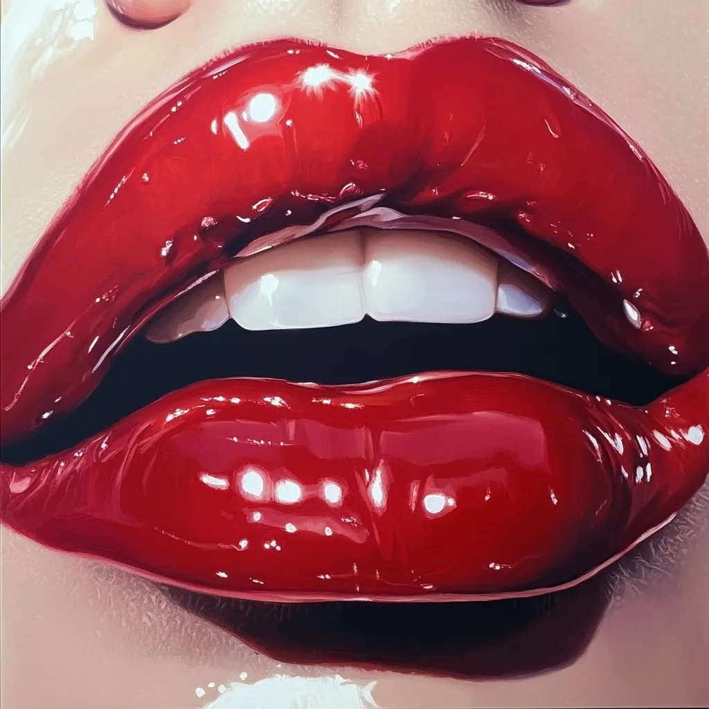 A close-up, hyperrealistic painting depicts a pair of full, luscious lips coated in glossy, vibrant red lipstick. The lips are slightly parted, revealing a set of straight, white teeth.  The artist masterfully renders the sheen and texture of the lipstick, highlighting its reflective qualities with subtle highlights and shadows. The overall effect is both captivating and sensual.