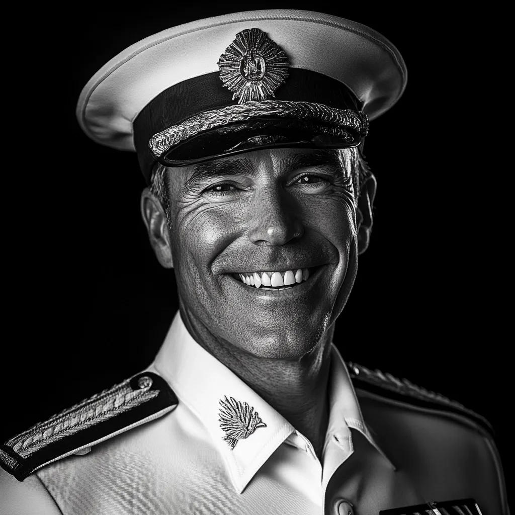 Here's a description of the image:

A black and white, close-up portrait shows a smiling man in a military uniform. He wears a crisp white shirt with epaulets and a high-peaked cap adorned with a prominent badge.  His expression is one of genuine happiness, his smile wide and revealing his teeth. The background is pure black, providing a stark contrast that emphasizes the subject's features and attire. The image is sharply focused, showcasing the texture of his skin and the details of his uniform. The overall impression is one of authority and approachability combined.