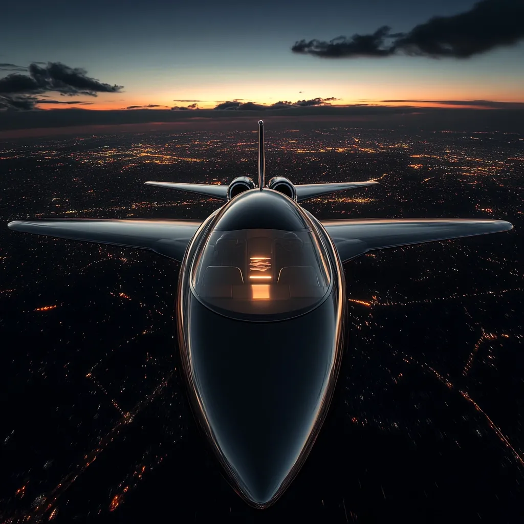 A sleek, dark-colored private jet flies at twilight over a sprawling cityscape. The cockpit's interior glows warmly, contrasting with the nighttime lights below.  The plane's design is modern and aerodynamic, its polished surface reflecting the ambient light. The vast expanse of city lights stretches to the horizon under a dramatic, darkening sky. The overall mood is one of luxury, speed, and technological advancement.