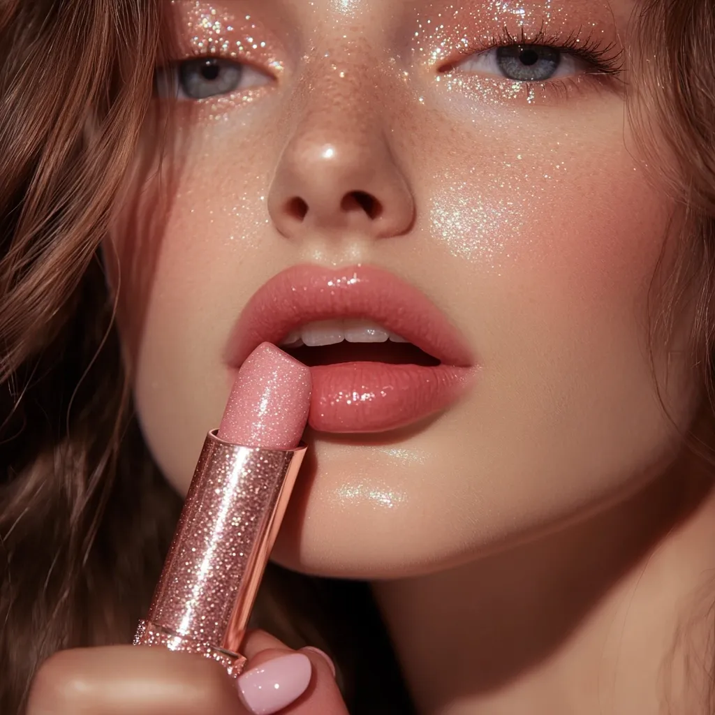Close-up of a young woman with long brown hair applying rose-gold glitter lipstick.  Her makeup features a delicate, shimmering pink blush and eyelids adorned with similar glitter.  The overall aesthetic is soft, romantic, and subtly glamorous, focusing on the glossy lips and sparkling details.  The woman's expression is serene and her skin appears smooth and luminous.
