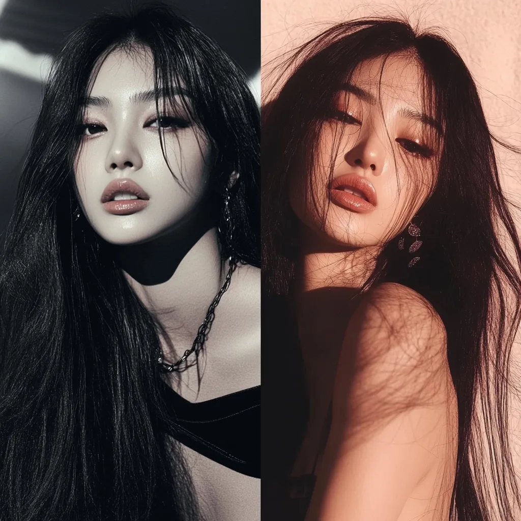 Here's a description of the image:

The image is a diptych featuring the same young woman, showcasing two distinct aesthetic styles.  On the left, she is presented in a monochromatic, high-contrast, shadowy portrait, with long dark hair, subtle makeup, and a dark choker necklace. The lighting emphasizes her facial features.  On the right, she's bathed in warm, golden sunlight, with a softer, more sun-kissed aesthetic. Her makeup is similar but enhanced by the lighting, and her hair appears slightly more windblown. Both sides highlight her striking features and elegant demeanor, exhibiting a versatility in style.