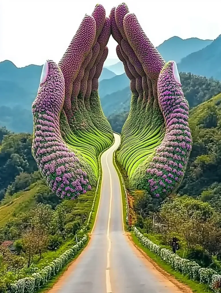A digitally altered image depicts a winding road nestled between two enormous, flower-covered hands forming an arch. The hands, composed of vibrant pink and green blossoms, create a surreal and awe-inspiring scene. The road leads towards a backdrop of rolling green hills and mountains under a soft, light sky. The overall effect is one of peaceful beauty and fantastical nature.
