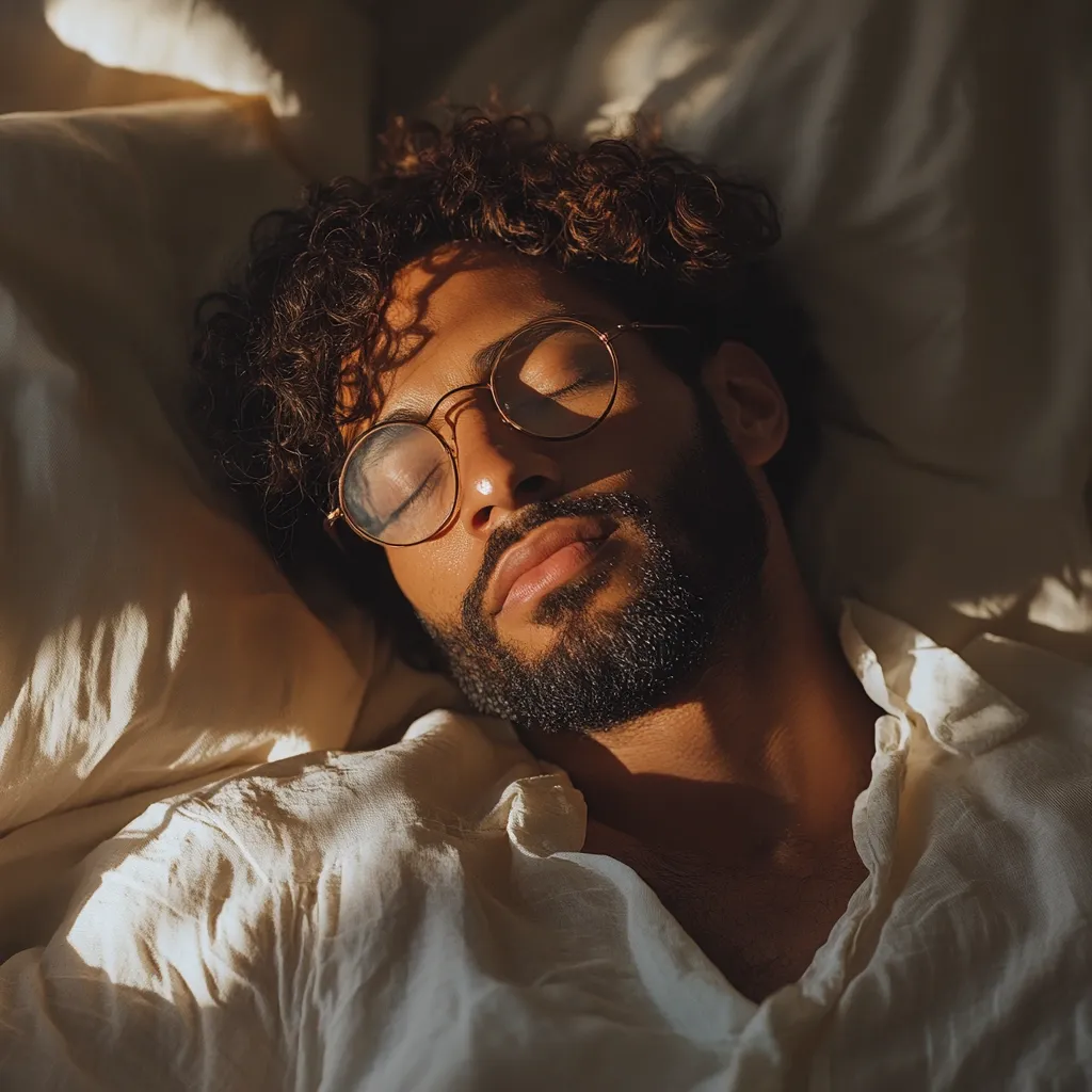 Here is a description of the image:

A young man with dark, curly hair and a beard lies asleep on his side in a bed.  Sunlight streams across his face, highlighting his features. He wears round, wire-rimmed glasses and a loose, light-colored shirt.  The bedding is light-colored and rumpled, suggesting comfort and relaxation.  The overall mood is peaceful and serene.