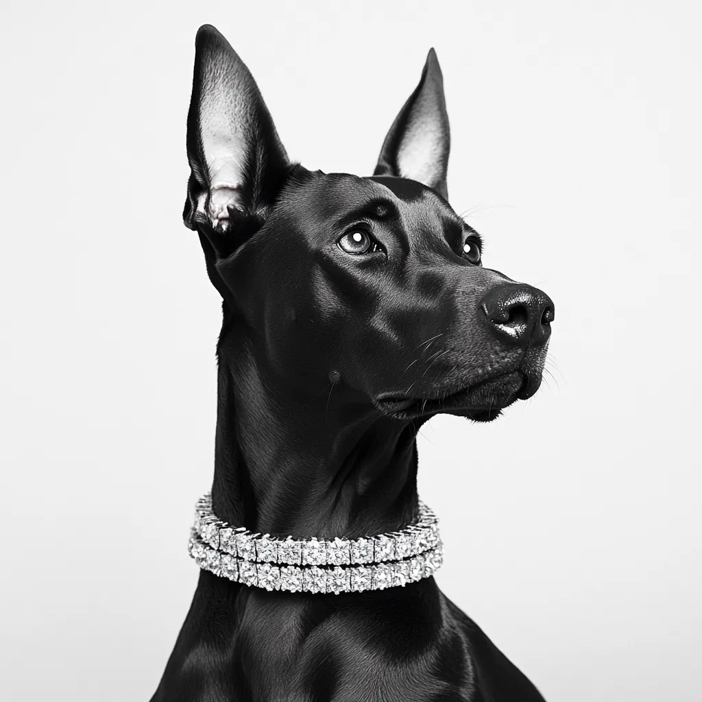 Here's a description of the image:

The black and white photograph showcases a sleek, black dog, possibly a Doberman Pinscher or similar breed,  with erect ears and a regal posture.  Its gaze is directed slightly upward and to the side, giving it an air of sophistication. The dog is adorned with a wide, double-layered collar that resembles a dazzling diamond necklace.  The high contrast of the monochrome image emphasizes the dog's dark fur and the brilliance of the simulated diamond collar, creating a striking visual effect against a plain, light grey background. The overall impression is one of elegance and luxury.
