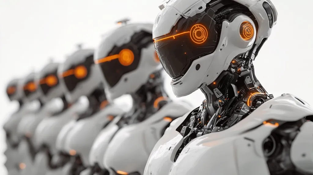 A line of sleek, white humanoid robots stands in formation against a bright white background.  Their helmets feature glowing orange circular accents, suggesting advanced technology or operational status.  The robots’ exposed mechanical necks and shoulders reveal intricate internal workings, highlighting a blend of organic and mechanical design. The image evokes a sense of futuristic efficiency and potential, hinting at automation and artificial intelligence.