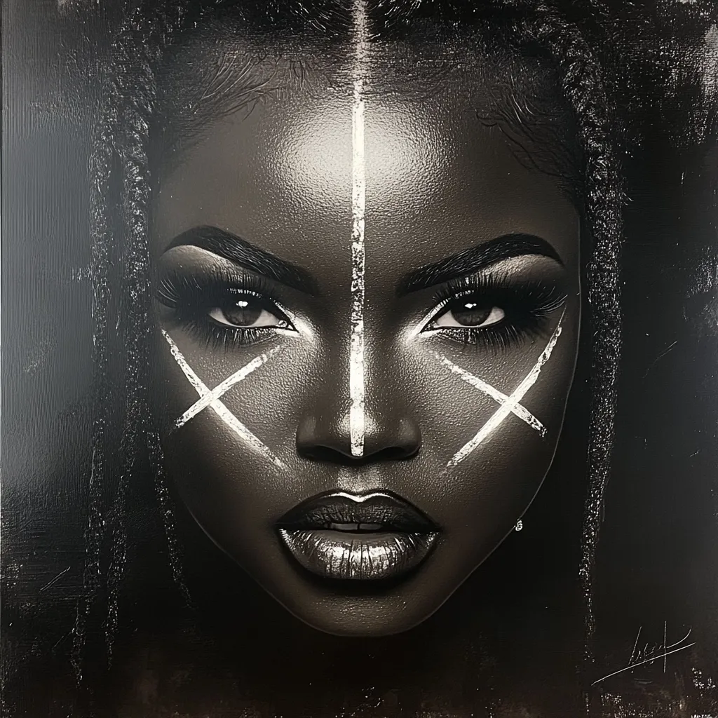 The artwork is a close-up monochrome portrait of a Black woman. Her face is strikingly rendered in shades of gray and black, accentuated by stark white tribal markings that cross her forehead and cheeks.  Her expression is intense and serious, her dark eyes captivating.  The textured background suggests depth and adds to the overall dramatic effect. Her dark hair frames her face, creating a powerful and arresting image.