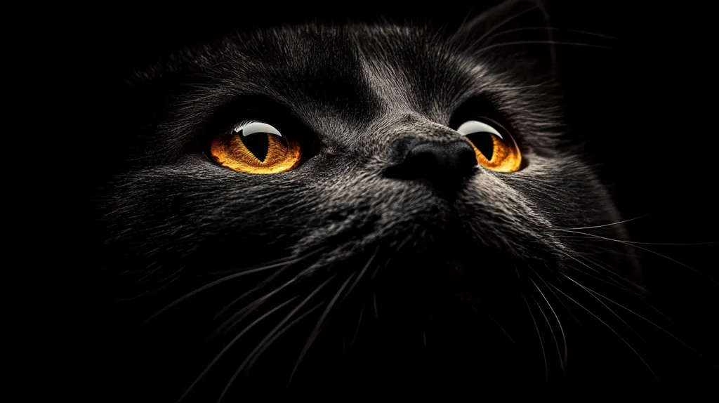 Close-up of a black cat's face against a stark black background.  Its bright, golden eyes are the focal point, gleaming intensely. The cat's fur is dark and plush, its whiskers prominent against the shadowy surroundings. The image is dramatic and high contrast, emphasizing the cat's mysterious and captivating gaze.  The overall mood is one of intrigue and darkness.