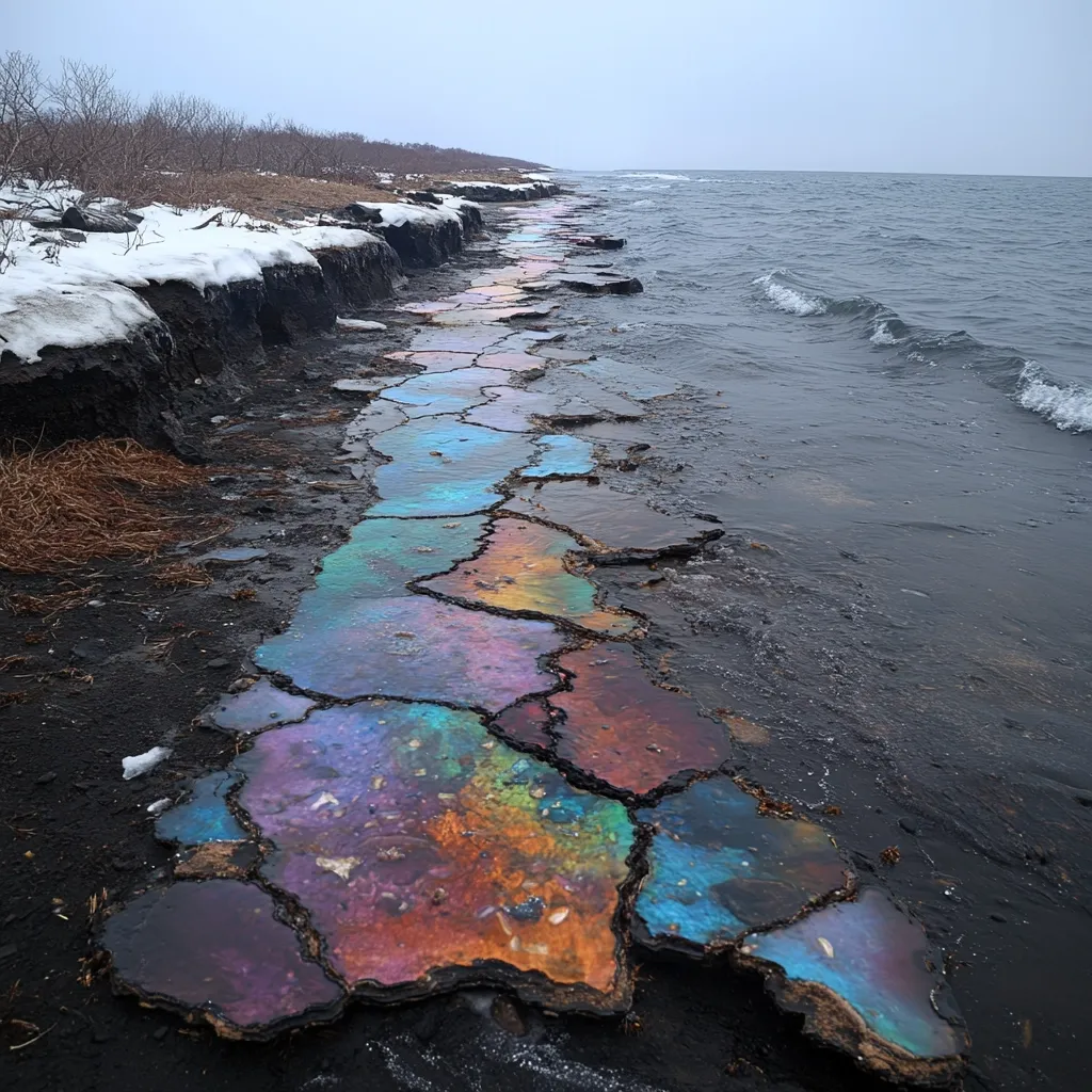 A shoreline displays a stunning, otherworldly scene.  Cracked, dark earth forms a pathway along the water's edge, each section filled with iridescent oil, creating a vibrant mosaic of blues, purples, oranges, and greens.  The colors shimmer with an ethereal quality, contrasting against the muted tones of the snowy bank and gray sea.  Small waves lap gently at the shore, adding to the peaceful, yet surreal atmosphere.  The overall effect is one of unexpected beauty and natural artistry.