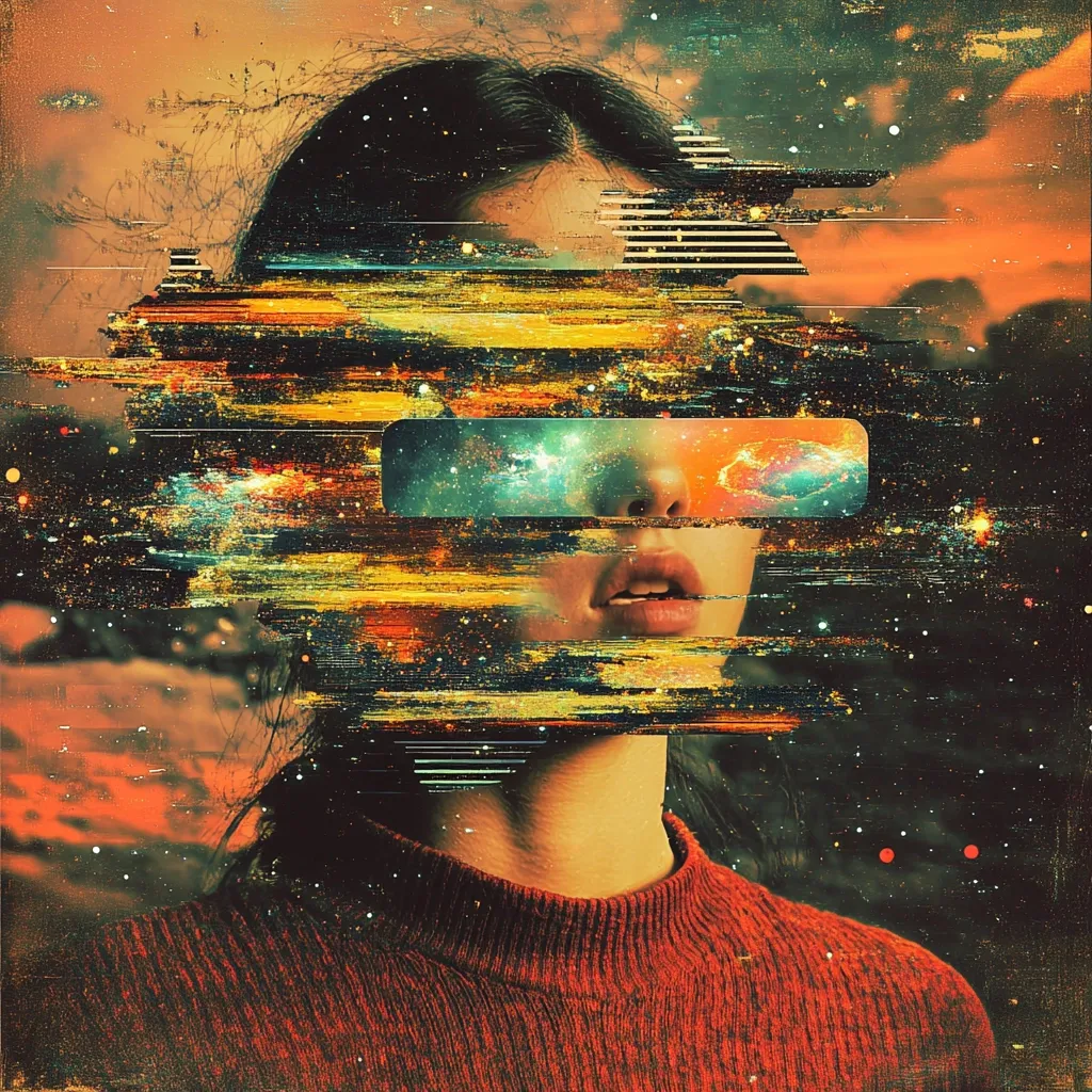 A digital art piece depicts a young woman with long dark hair, her face partially obscured by a glitching, fragmented effect.  Vibrant streaks of color and texture, resembling digital distortion, overlay her features.  A rectangular section shows a nebula or galaxy, suggesting a virtual reality or augmented reality experience. The overall style is surreal and evokes a sense of cosmic mystery and technological disruption.  The woman wears a simple, dark red sweater against a backdrop of a stylized, celestial landscape.