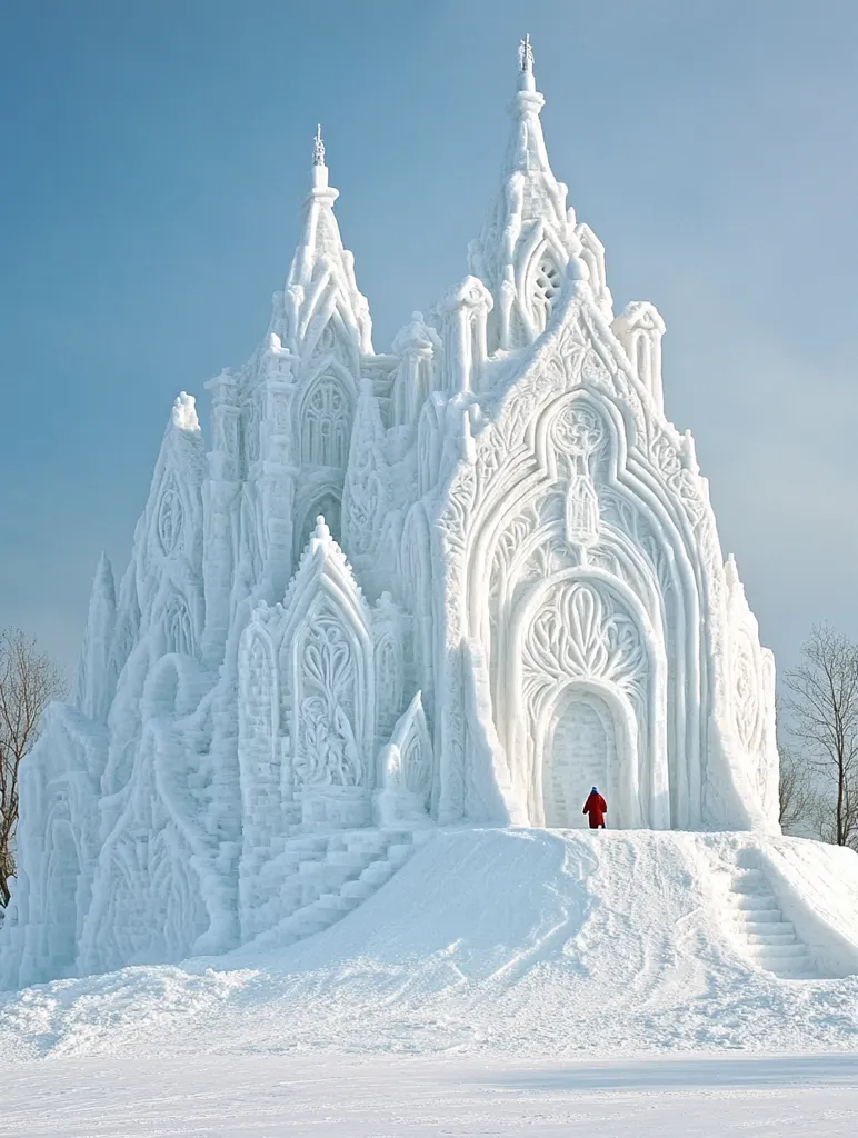 A breathtaking snow castle, intricately carved with Gothic architectural details, stands majestically against a clear blue sky.  The castle's towering spires and ornate facade showcase impressive craftsmanship.  A tiny, red-clad figure walks towards the castle's entrance, providing a sense of scale to the immense structure.  The scene is pristine and peaceful, a winter wonderland of incredible artistry.