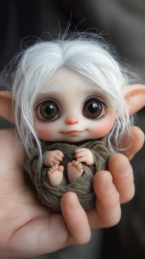 Here's a description of the image:

A miniature elf doll, crafted from a seemingly resin-like material, is gently cradled in a person's hand.  The doll possesses large, expressive brown eyes, a tiny upturned nose, and wispy, white hair.  It's dressed in a muted olive-green fabric, appearing soft and snug.  The doll's delicate features and lifelike eyes create a sense of endearing vulnerability, enhancing its overall charm. The background is blurred, drawing focus solely to the doll and the hand holding it.