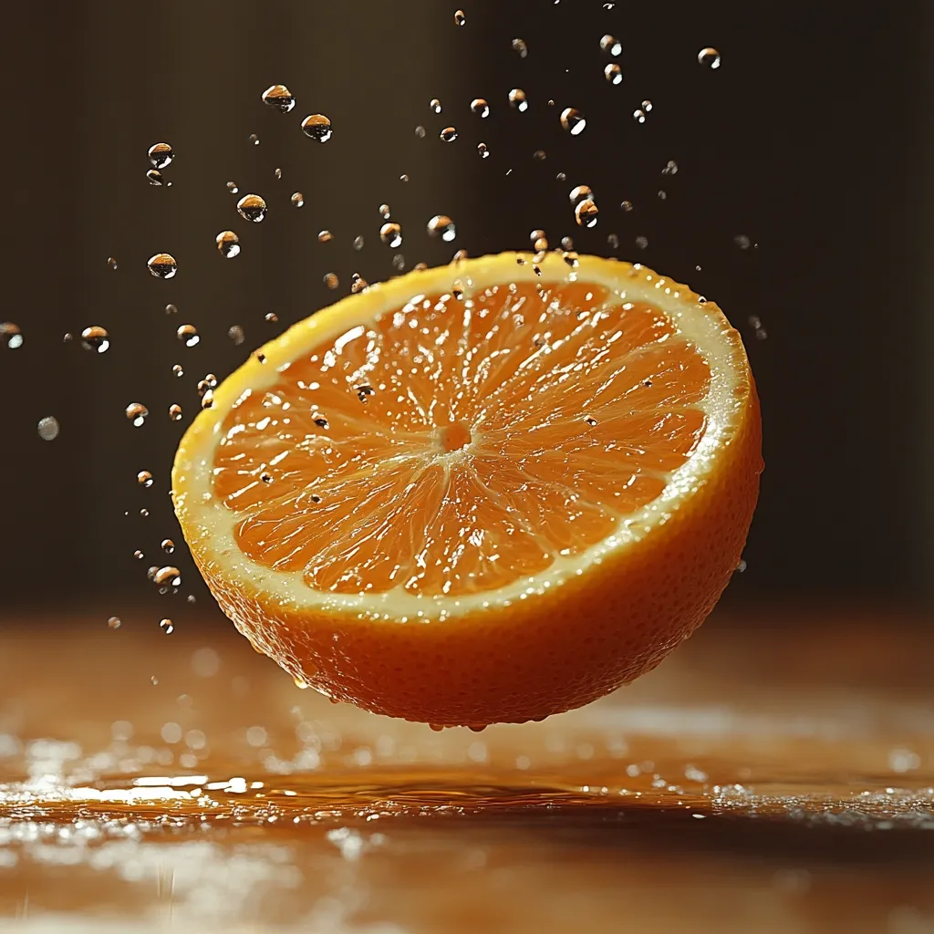 A vibrant half of an orange, glistening with moisture, hovers just above a dark wooden surface.  Water droplets, flung outwards in a dynamic splash, surround the fruit, creating a sense of motion and freshness. The orange's juicy segments are clearly visible, reflecting light. The overall image is sharp, highlighting the texture and color of the citrus fruit against a blurred, dark background.