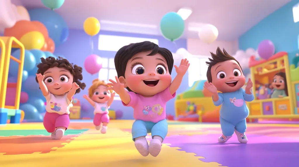 Four adorable animated babies joyfully play in a brightly colored daycare.  A central baby girl with dark hair leaps with glee, while others—a girl with curly hair, a girl with blonde hair, and a boy—clap and run.  The room is filled with pastel-colored balloons and child-friendly furniture, creating a cheerful and playful atmosphere.  The babies are dressed in vibrant outfits, enhancing the overall vibrant and happy scene.