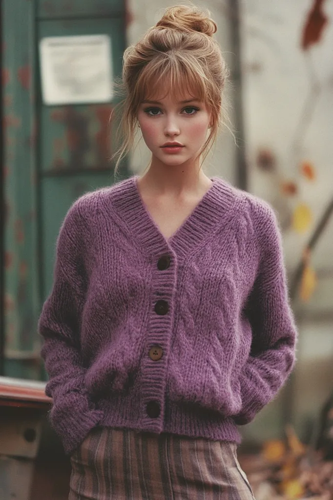 A young woman with a topknot hairstyle and bangs stands against a blurred background.  She's wearing a chunky, purple cable-knit cardigan buttoned up to the middle. The cardigan is oversized and slightly loose, creating a relaxed style.  Her skirt is a muted purple and grey plaid, coordinating with the cardigan’s shade. Her expression is serious and her gaze is directly at the camera. The overall aesthetic is soft, autumnal, and slightly vintage.