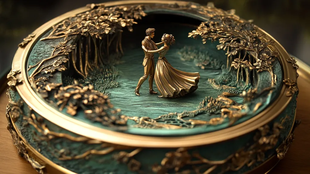 Here's a description of the image:

The image shows an ornate, circular music box.  Its teal-green interior features a bronze sculpture of a couple elegantly dancing amidst a finely detailed, embossed forest scene.  The box's rim is embellished with gold-toned, leaf-like designs, creating a luxurious and romantic atmosphere. The craftsmanship is exquisite, showcasing intricate detailing throughout the piece. The overall effect is one of elegance and artistry.