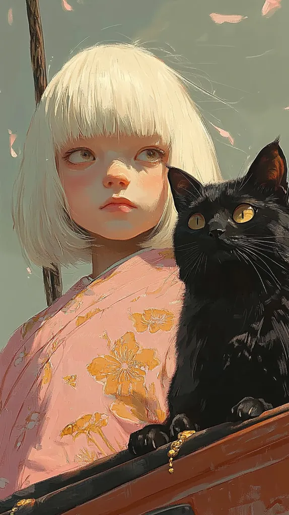 Here's a description of the image:

The artwork depicts a young girl with short, blunt white hair, wearing a pale pink kimono adorned with gold floral patterns.  Her expression is serene yet slightly melancholic.  Beside her sits a sleek black cat with bright yellow eyes, its paws resting on a reddish-brown surface that appears to be part of a carriage or similar structure.  Delicate pink petals drift in the background, adding to the soft, dreamlike atmosphere. The style is painterly, with visible brushstrokes and a focus on soft lighting and color blending. The overall mood is peaceful and slightly mystical.