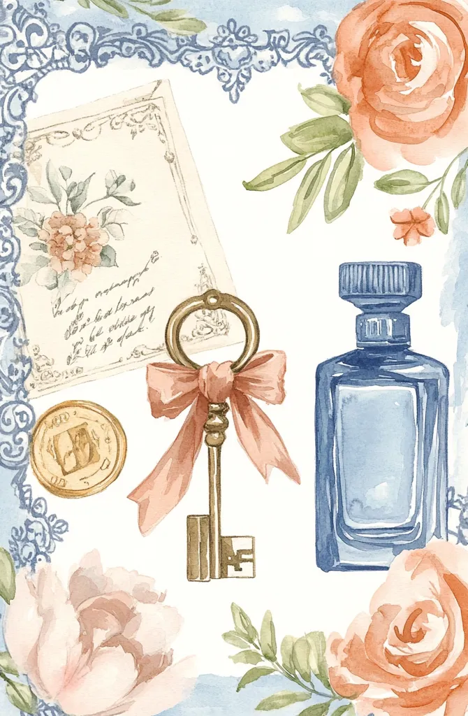 Here's a description of the image:

The watercolor illustration showcases a charming collection of vintage-inspired elements. A delicate antique key with a peach-colored ribbon takes center stage, accompanied by a faded, floral-embellished letter, a gold coin, and a pale blue perfume bottle.  Soft peach and blush roses, along with sprigs of greenery, frame the composition, creating a romantic, nostalgic atmosphere.  A light blue, ornate lace border completes the design, enhancing its antique aesthetic.  The overall style is soft, feminine, and reminiscent of vintage postcards or scrapbooking elements.