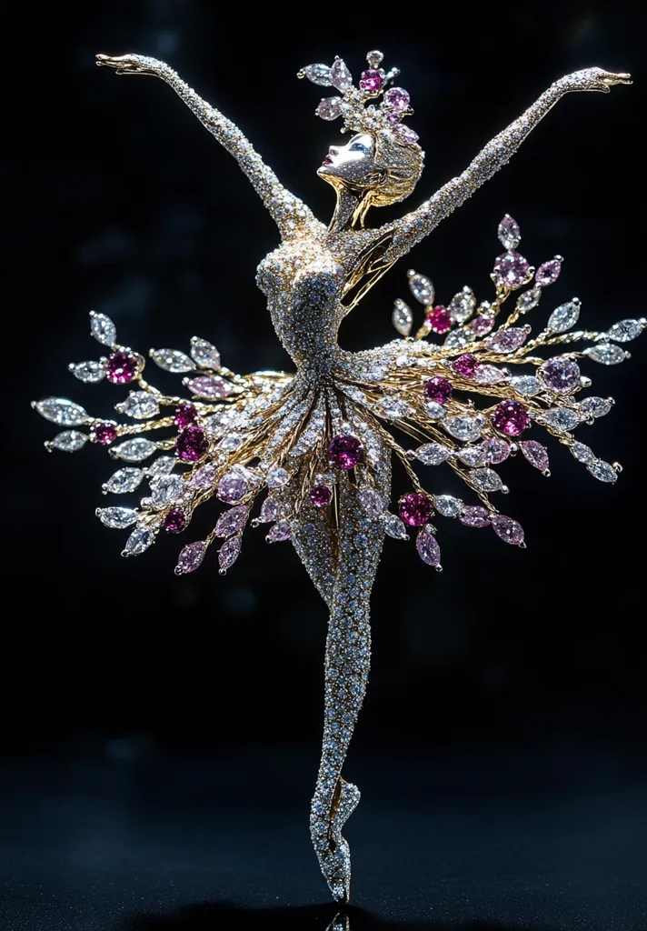 Here's a description of the image:

The photograph showcases an exquisite jeweled ballerina brooch.  The ballerina, crafted from gold and encrusted with countless diamonds and pink and purple gemstones, is depicted in a graceful arabesque pose. Her tutu is a radiant burst of sparkling gems, mimicking a floral effect. The overall piece is elegant and intricate, a stunning example of high-end jewelry. The dark background accentuates the brooch's brilliance and detail.