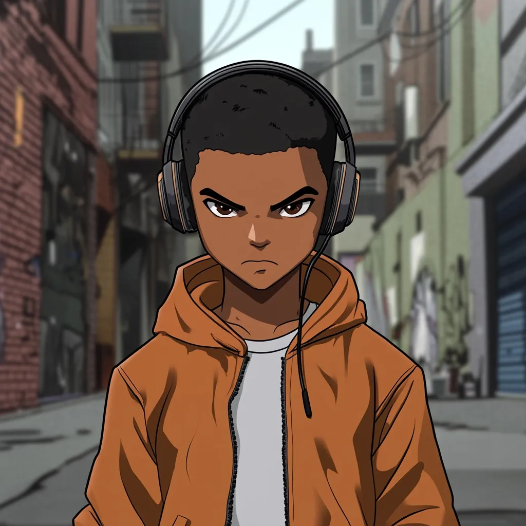 Here's a description of the image:

The illustration depicts a young, dark-skinned boy rendered in an anime style. He wears an orange hooded jacket over a light gray shirt and large, black over-ear headphones.  His expression is serious, almost stern, with narrowed eyes and a set jaw. The background is a blurred cityscape alleyway, suggesting an urban setting. The overall style is reminiscent of contemporary anime and graphic novel art.  The boy's gaze is direct, engaging the viewer.