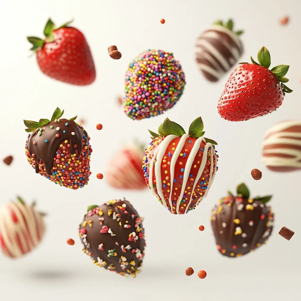 Multiple strawberries, coated in various chocolate and sprinkle combinations, float against a white background.  Some are dipped in milk chocolate, dark chocolate, or white chocolate, while others are adorned with colorful sprinkles.  A few fresh, uncoated strawberries are also present.  Small, scattered sprinkles and chocolate bits add to the whimsical, airborne scene. The overall impression is one of playful indulgence and sweet treats.