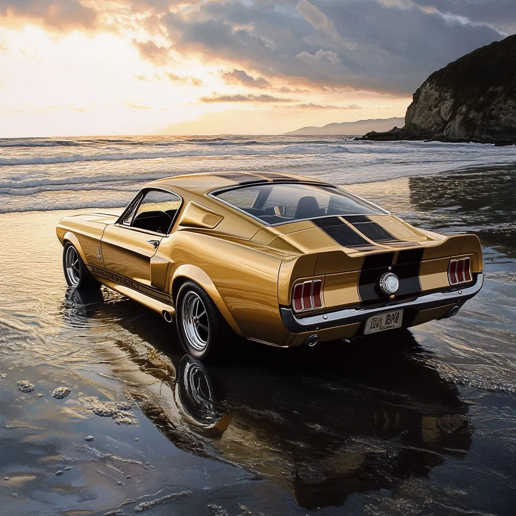 A gold Ford Mustang Shelby GT500 sits on a wet beach at sunset. The car is parked facing away from the viewer, its reflection visible in the shallow water.  The ocean stretches out behind it, with a hazy sunset sky and a distant cliff visible. The scene evokes a sense of freedom and classic American muscle car beauty.  The license plate is partially visible.