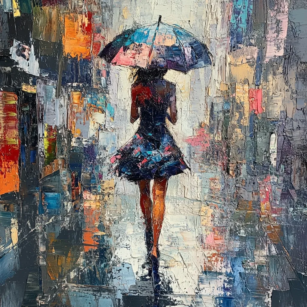 Here's a description of the image:

The painting is an impasto-style artwork depicting a woman walking away from the viewer down a rain-slicked city street. She carries a multicolored umbrella, her dark dress is patterned and short, and her legs are visible. The background is a vibrant, abstract portrayal of city buildings and reflections in the wet pavement, rendered in a thick, textured application of paint. The overall effect is a mood of urban solitude and quiet contemplation during a rainy day.  The colors are rich and varied, combining cool grays and blues with warmer oranges and pinks.