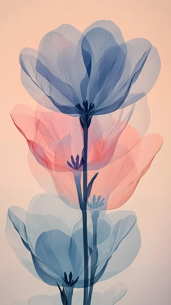 Here's a description of the image:

The image showcases three stylized flowers, rendered in a translucent, almost x-ray-like style.  The top flower is a cool, bluish-gray, while the middle flower is a softer, peachy-pink.  The bottom flower mirrors the top in color.  The petals are delicate and layered, with visible veins and a central pistil. The stems are dark, providing a contrast to the pastel blooms.  The background is a warm, muted peach tone, enhancing the ethereal quality of the floral arrangement. The overall effect is serene and artistically abstract.