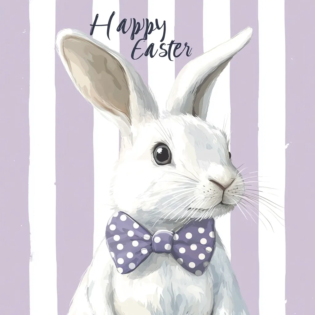 Here's a description of the image:

The illustration features a charming white rabbit, elegantly adorned with a purple polka-dot bow tie.  Its soft fur and large, expressive eyes give it an endearing quality. The rabbit is set against a backdrop of soft lavender and white vertical stripes, creating a gentle and sophisticated Easter-themed design. The words "Happy Easter" are inscribed above the rabbit in a stylish script font.  The overall style is clean, modern, and whimsical.