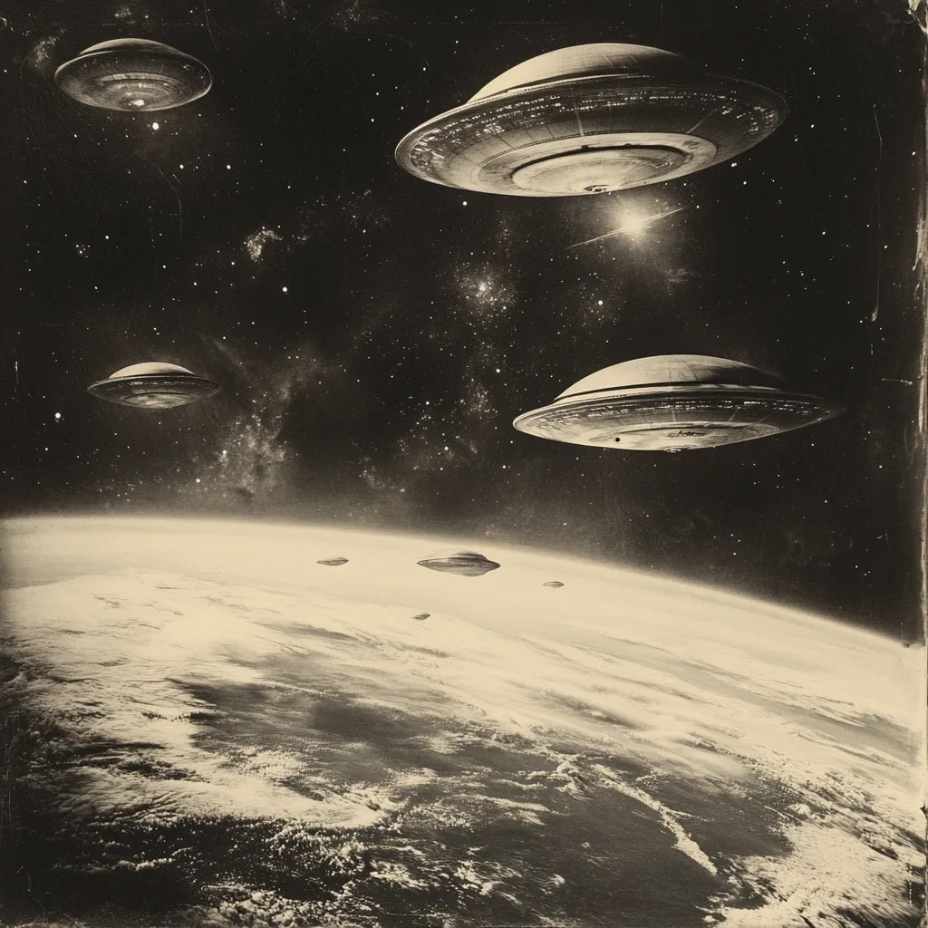 A sepia-toned image depicts a fleet of classic flying saucer UFOs above a curved Earth.  Several larger saucers dominate the scene, with smaller ones trailing below, suggesting a formation. The backdrop is a star-dusted space, giving the image a vintage, possibly 1950s-era, science fiction feel. The Earth's clouds and surface are visible, creating a contrast between the celestial and terrestrial realms. The overall effect is atmospheric and evocative of extraterrestrial visitation.