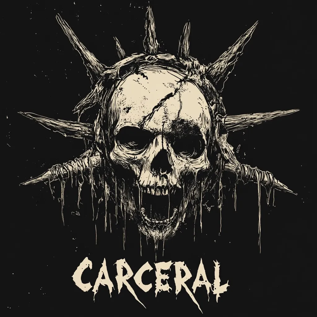 Here's a description of the image:

The image is a dark, stylized illustration of a skull. The skull is depicted in a distressed, almost decaying style, with visible cracks and dripping textures. It's encircled by a crown of sharp, pointed thorns or spikes, adding to the grim aesthetic.  Below the skull, the word "CARCERAL" is written in a bold, aggressive font, suggesting a theme of imprisonment or confinement. The overall style is reminiscent of metal album art or gothic imagery, with a high contrast between the light beige of the skull and the black background.  The dripping effect enhances a sense of decay or violence.