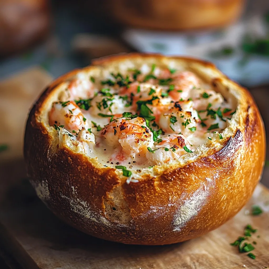 Here's a description of the image:

Close-up view of a bread bowl brimming with creamy shrimp soup.  The soup is generously filled with plump, cooked shrimp, and garnished with fresh parsley. The bread bowl itself is golden brown and appears crusty, baked to perfection.  The focus is sharp on the soup and bread, with a shallow depth of field blurring the background, which hints at additional bread bowls and a rustic wooden surface.  The overall impression is one of warmth, comfort, and deliciousness.