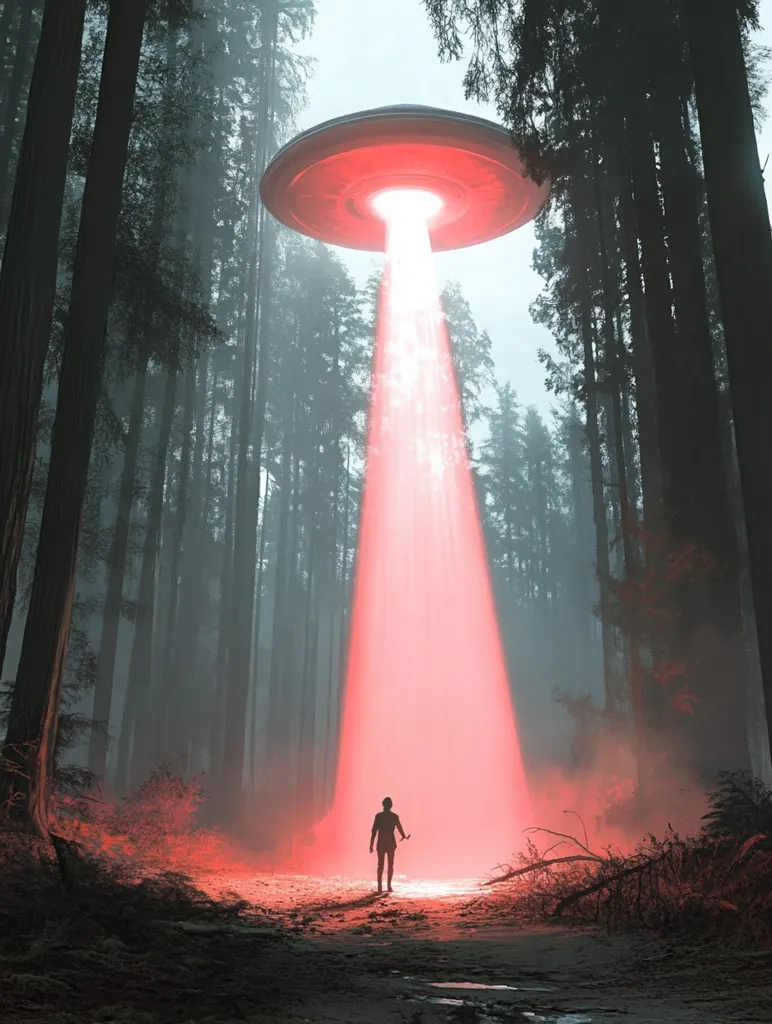 A red beam of light from a hovering, saucer-shaped UFO illuminates a solitary figure standing in a misty forest. Tall, dark trees surround the beam, creating a mysterious and slightly ominous atmosphere. The figure, silhouetted against the bright light, appears small and vulnerable in the vastness of the scene. The overall mood is one of awe, suspense, and potential otherworldly encounter. The contrast between the unnatural red light and the natural forest setting enhances the surreal quality of the image.