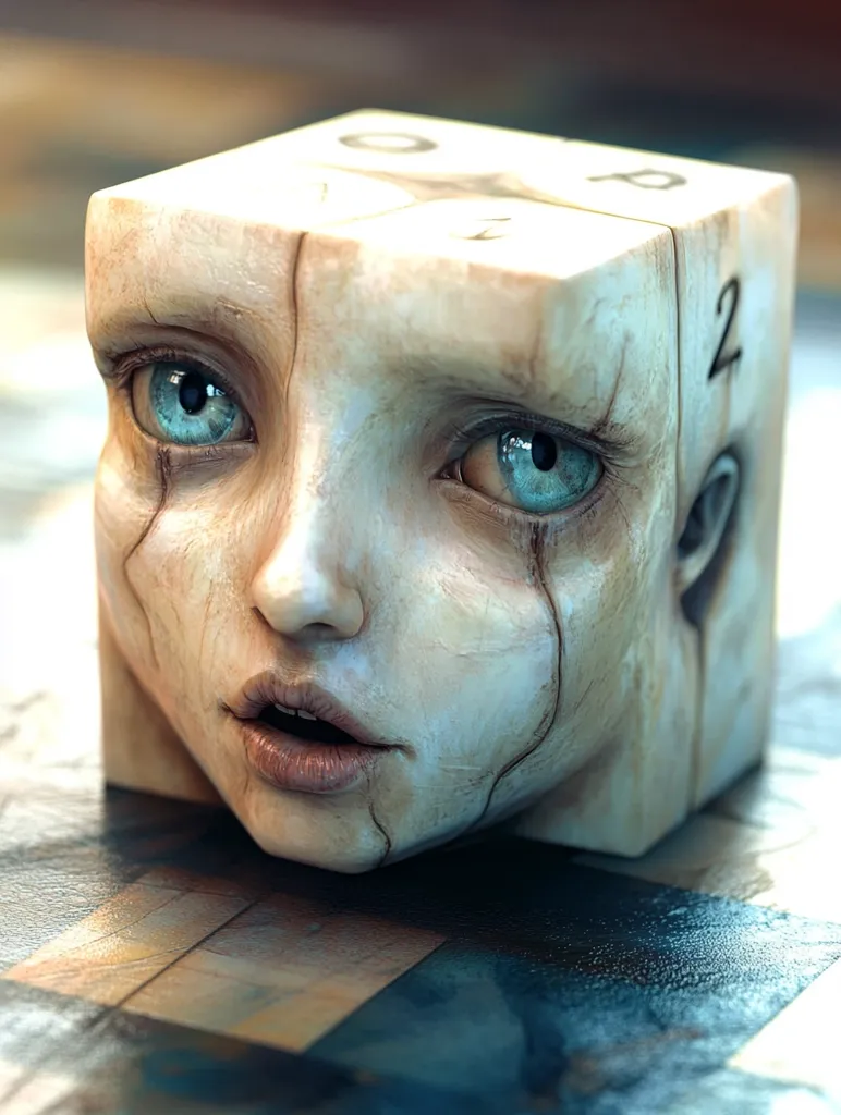 Here's a description of the image:

The image shows a close-up of a cube-shaped sculpture resembling a stylized female face.  The face, pale and seemingly made of stone or clay, has large, expressive blue eyes and a slightly open mouth, conveying a sense of vulnerability or surprise. Cracks and fissures run across the surface, adding to its distressed and unsettling aesthetic.  The cube's sides display faint number markings, suggesting a dice-like element. The sculpture rests on a dark, reflective surface with a checkered pattern, subtly visible beneath. The overall mood is melancholic and slightly surreal.