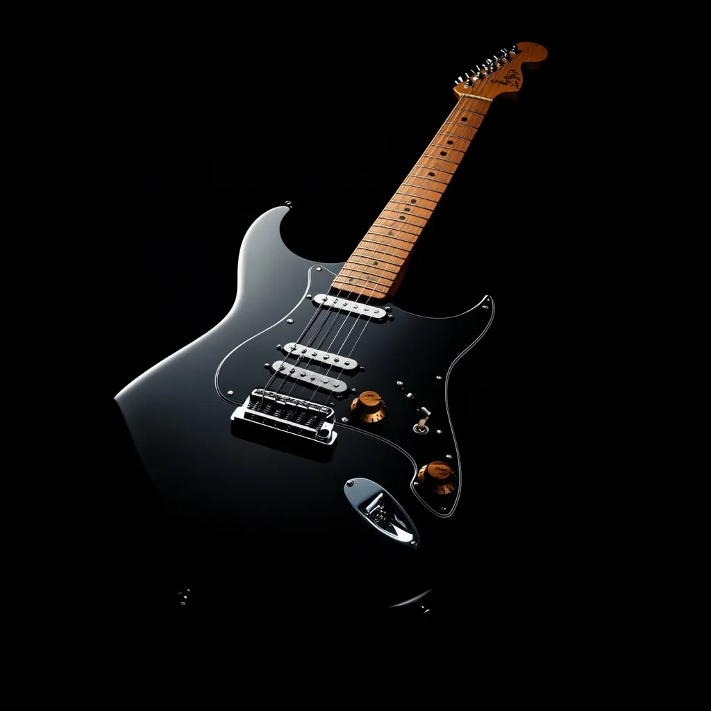 A glossy black electric guitar, possibly a Fender Stratocaster, is dramatically showcased against a stark black background.  The guitar's body is sleek and modern, contrasting with the classic design of the light-colored neck and headstock. The image focuses on the instrument's polished surface, highlighting its reflective properties and intricate details, such as the tuning pegs, pickups, and control knobs. The overall mood is one of sophistication and musical elegance.