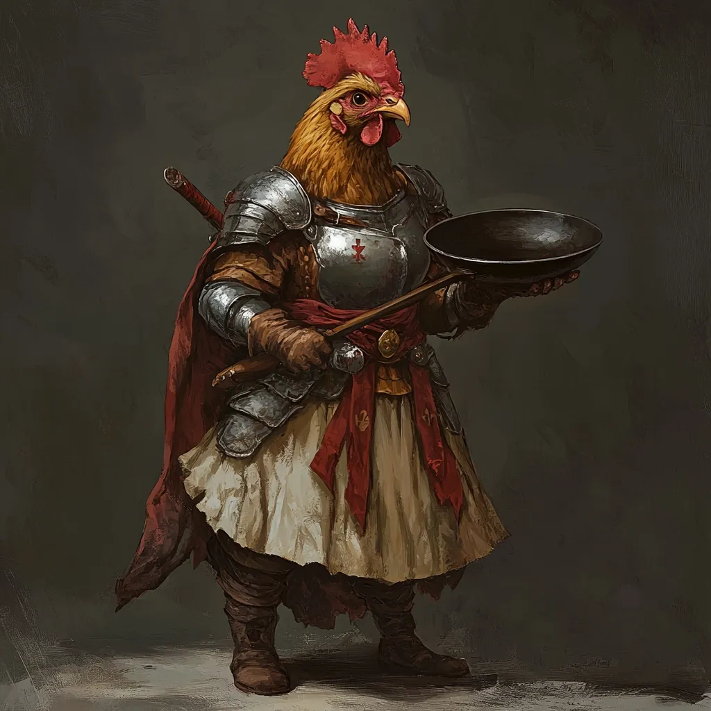 The artwork depicts a rooster-headed knight in full medieval armor.  The knight, plump and short, wears a chainmail breastplate, a long, beige tunic, and a red sash.  A sword is sheathed at its back. The rooster holds a large, dark pan, possibly a wok or frying pan, in its hands. The style is fantasy, with a muted, earthy color palette and a painterly texture, creating a slightly whimsical yet serious tone. The background is a dark, muted green.
