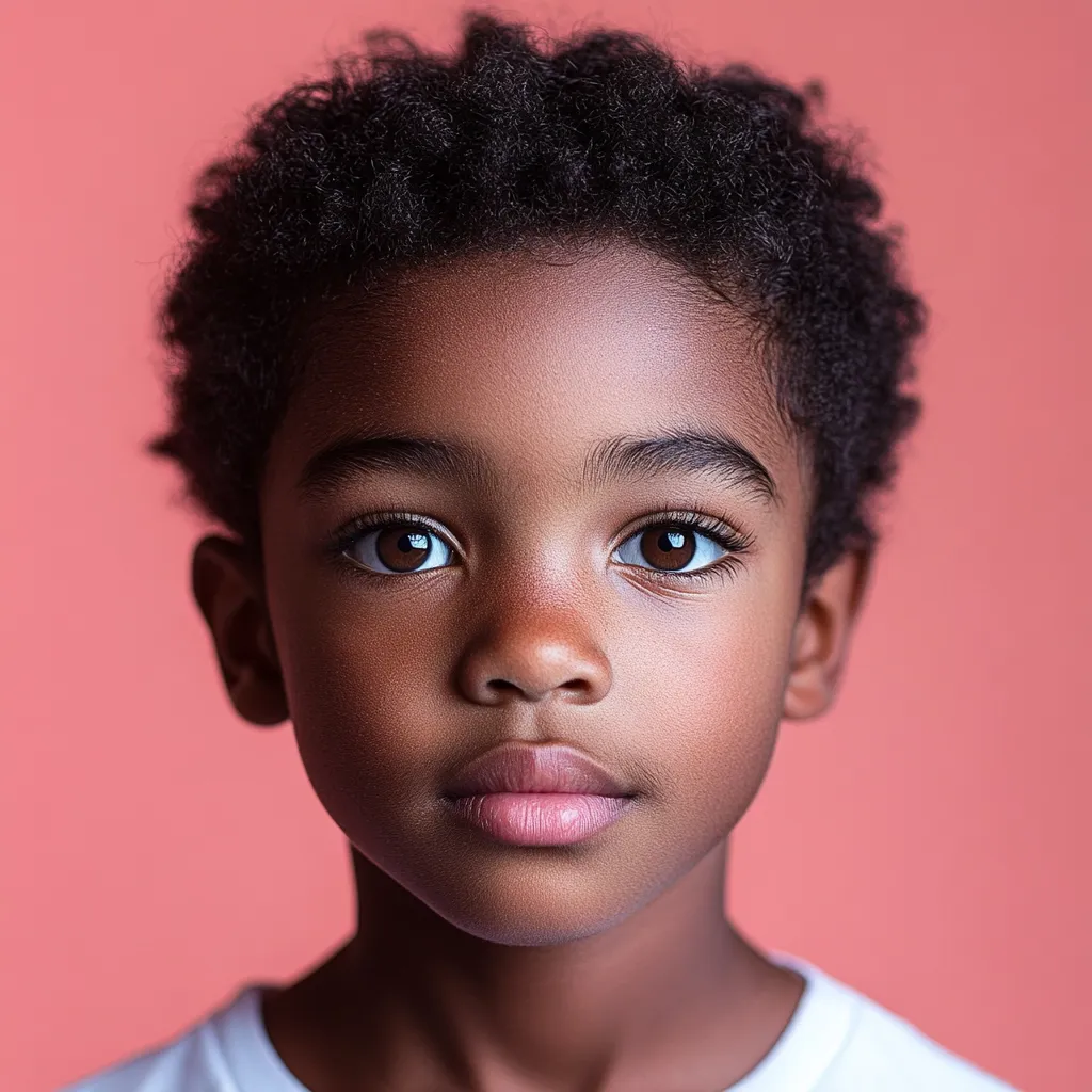 Here's a description of the image:

Close-up portrait of a young Black child with a serious expression.  The child has dark brown eyes, a defined nose, and full lips. Their short, dark, curly hair frames their face. The background is a solid, light coral or salmon pink. The child is wearing a plain white shirt, and the focus is sharply on their face, highlighting their features. The overall mood is one of quiet intensity and direct engagement with the viewer.