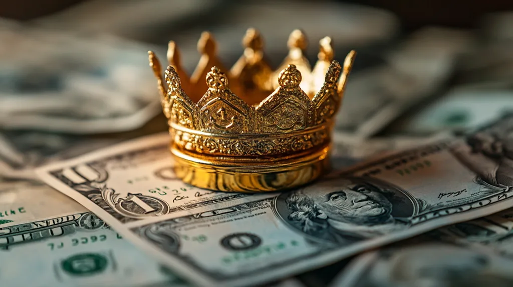 A golden crown rests atop a pile of US one dollar bills.  The crown is intricately detailed, appearing regal and opulent. The banknotes are slightly out of focus, drawing attention to the crown as a symbol of wealth and power. The image suggests a connection between monetary value and royalty, or the idea that money can be a source of power and influence. The lighting is dramatic, highlighting the gold against the green of the bills.