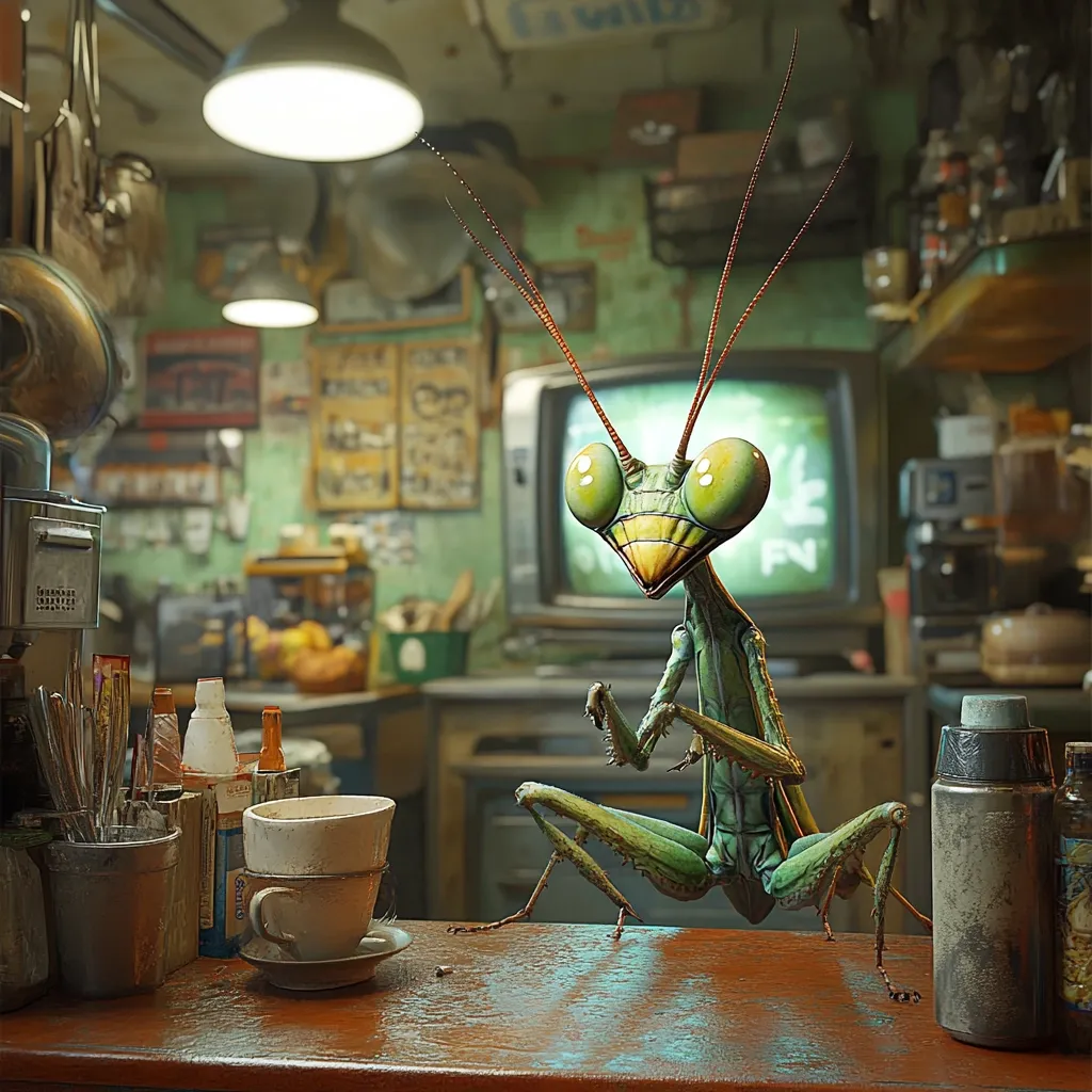 Here's a description of the image:

The image shows a highly detailed, anthropomorphic praying mantis sitting at a counter in a cluttered, retro-style diner or kitchen. The mantis is large, with bright green eyes and a human-like posture, seemingly waiting for something. The setting is richly textured, showcasing a worn, vintage aesthetic.  The background is busy with various appliances, dishes, and wall decor, all contributing to a lived-in, slightly rundown atmosphere. A vintage television is visible in the background. The overall mood is whimsical and slightly surreal.
