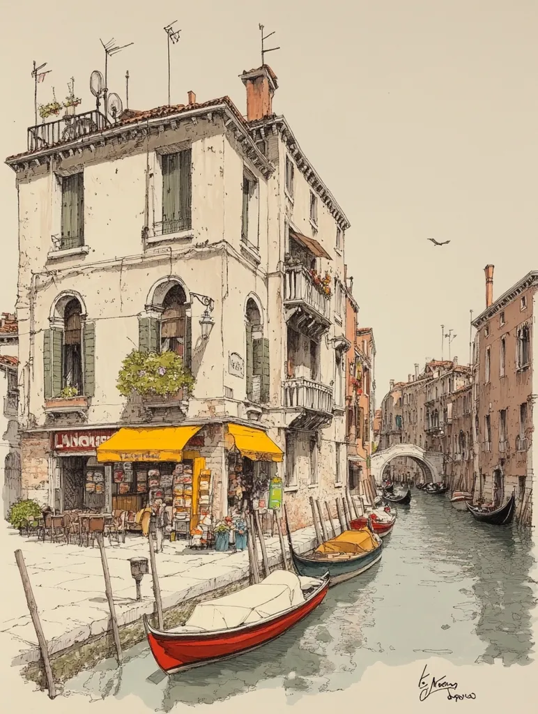 Here's a description of the image:

A detailed pen-and-ink drawing depicts a tranquil Venetian canal scene.  A three-story building, featuring a shop with a yellow awning and several windows, dominates the foreground.  Several gondolas are moored along the canal's edge, their colors contrasting with the muted tones of the buildings.  The canal extends into the background, leading to a small bridge and more buildings. The style is reminiscent of an architectural sketch, with precise lines and careful shading, creating a sense of depth and perspective.  The overall impression is one of peaceful charm, capturing the characteristic beauty of Venice.