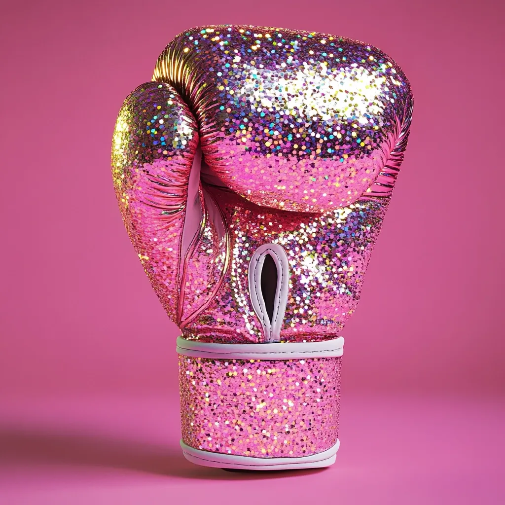 A single pink glitter boxing glove stands upright against a matching pink background.  The glove is predominantly pink, covered in iridescent glitter that catches the light, showcasing various shades of pink, gold, and other pastel hues. The detail of the stitching and the glove's interior are subtly visible. The overall impression is one of glamorous femininity and strength, suggesting a concept of empowerment or female boxing.