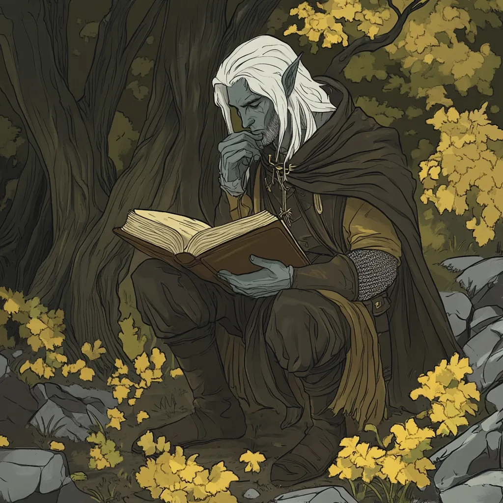 Here is a description of the image:

The illustration depicts a high elf, characterized by his pointed ears and long, silver hair, seated amidst a rocky, wooded area. He's deeply engrossed in a large, leather-bound book, his hand resting thoughtfully on his chin.  He wears a dark hooded cloak over a yellow-gold tunic, and chainmail is visible on one arm.  Yellow wildflowers sprout around his feet and near the base of the trees. The overall style is reminiscent of fantasy book illustrations, with muted greens, browns, and yellows dominating the color palette. The scene evokes a sense of quiet contemplation and study in a secluded natural setting.