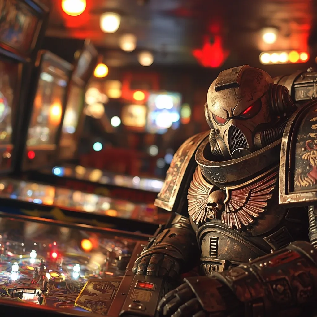 Here's a description of the image:

The image shows a meticulously detailed Space Marine miniature, from the Warhammer 40,000 universe, positioned at a pinball machine in a dimly lit arcade.  The Marine's weathered armor, adorned with skull and winged emblems, is prominently featured.  Its glowing red eyes contrast with the warm, amber tones of the arcade's lighting, creating a dramatic scene.  The background is blurred but shows several other pinball machines, adding to the atmosphere of a retro gaming location. The overall impression is one of striking juxtaposition – a futuristic warrior in a classic gaming environment.