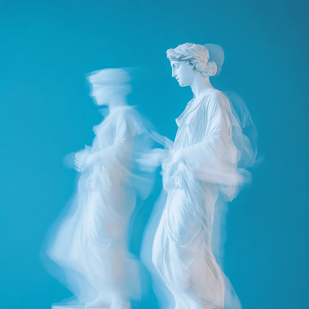 Two classical white marble statues, seemingly female figures in flowing robes, are captured against a vibrant turquoise backdrop. One statue is sharply in focus, while the other is rendered in motion blur, creating a dynamic contrast.  The blurred figure appears to be moving past or interacting with the stationary statue, suggesting a sense of transition or fleeting moment.  The overall effect is ethereal and artistic.