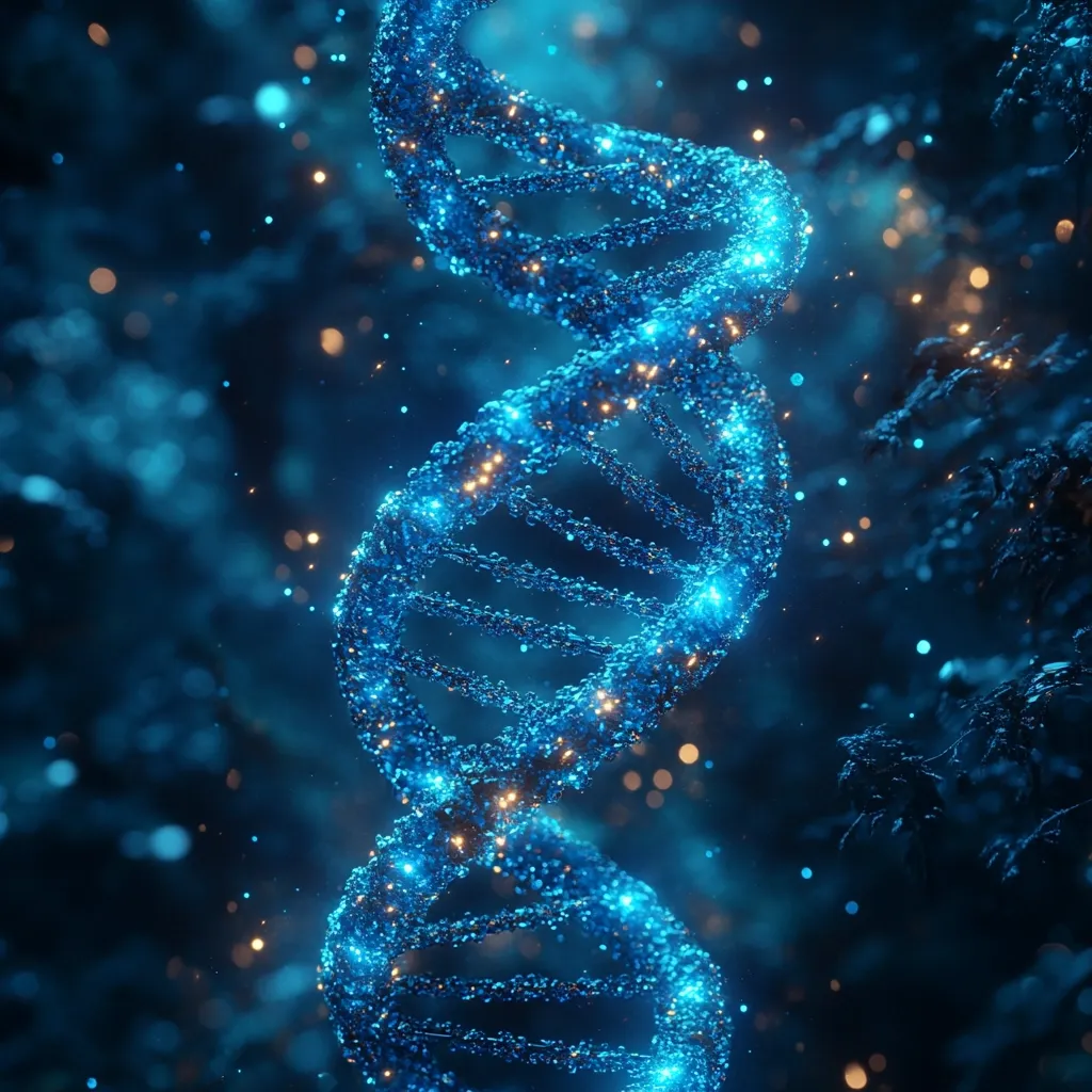 The image showcases a vibrant, three-dimensional rendering of a DNA double helix.  The helix is depicted in a striking blue, composed of numerous glittering particles, creating a luminous and ethereal effect.  Small, sparkling lights surround the structure, adding to its magical and almost otherworldly quality. The background is a dark, blurry blue-green, suggesting a natural, possibly forest-like setting, contrasting with the bright DNA helix. The overall effect is one of wonder and scientific beauty.