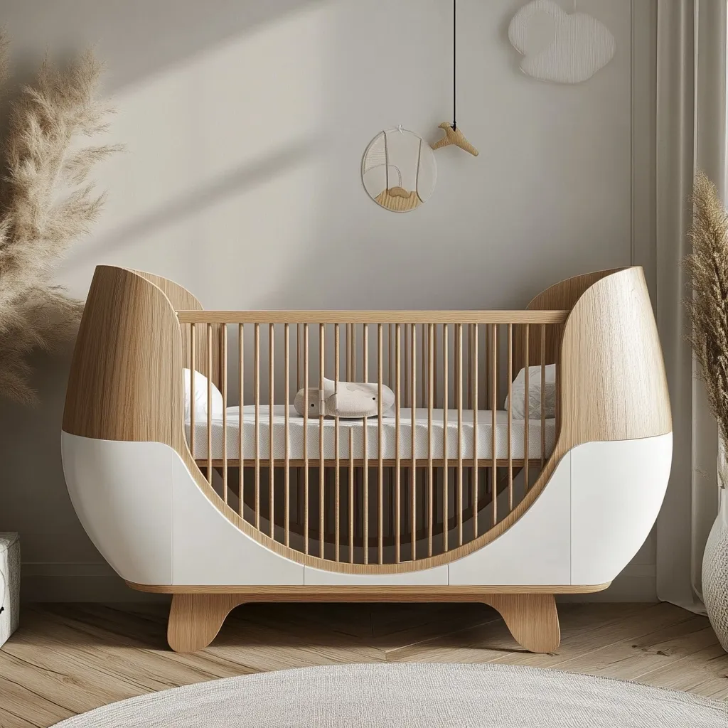 A modern baby crib, designed with curved wooden sides in a light oak finish, and white panels at the bottom.  The crib features a slatted design and is situated in a minimalist nursery setting.  The room is decorated with muted tones, pampas grass, and simple wall art, creating a calming and sophisticated atmosphere. The overall style is contemporary and clean.