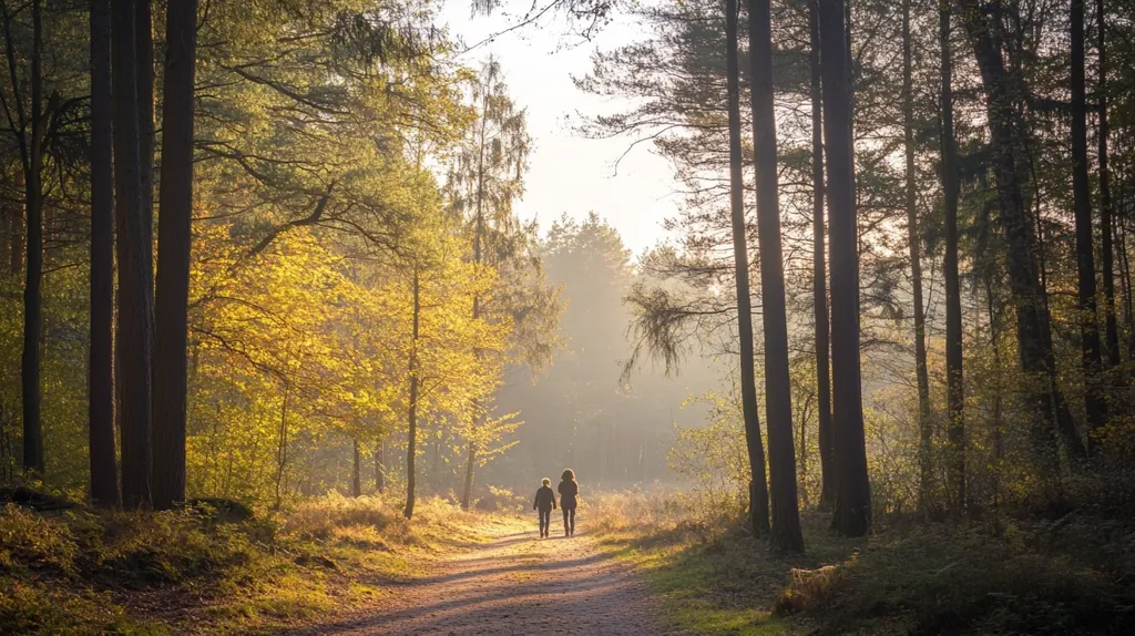 Two figures walk hand-in-hand down a sunlit path through a forest.  Tall, slender trees line the way, their shadows stretching long on the golden-hued ground.  Sunlight filters through the canopy, illuminating autumn leaves in shades of yellow and orange.  A peaceful and serene atmosphere pervades the scene, emphasizing the tranquility of the woodland walk. The overall image evokes feelings of warmth and connection.