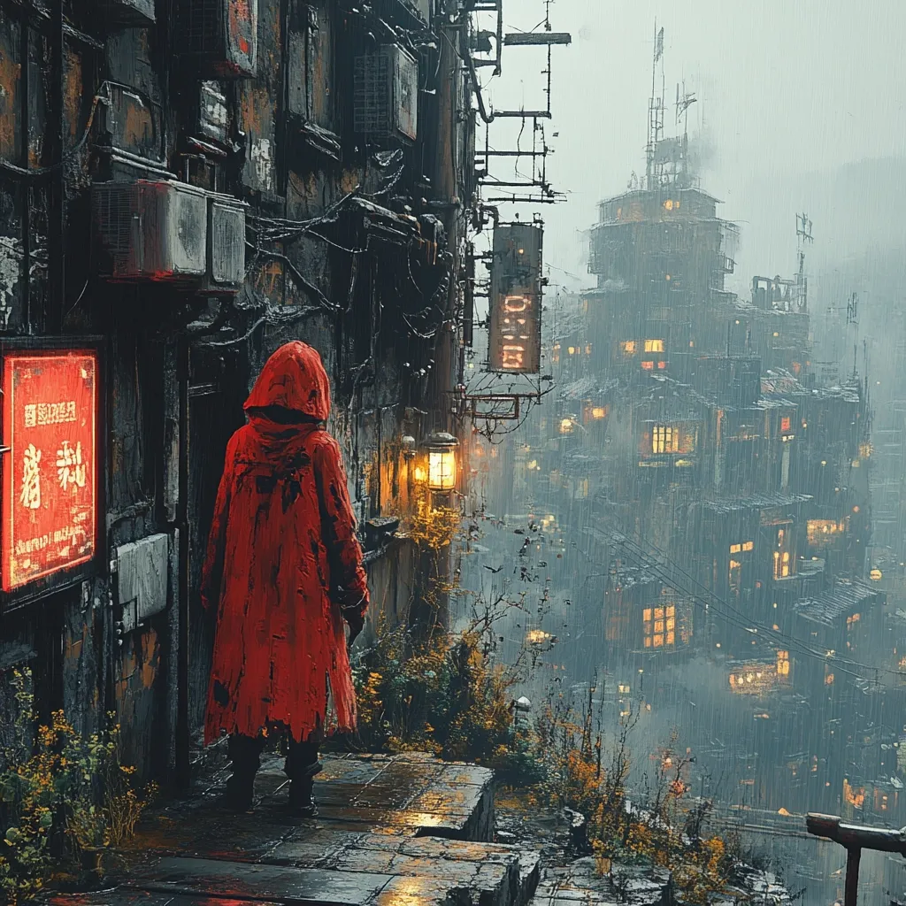 A digital painting depicts a person in a vibrant red hooded cloak standing on a rain-slicked, elevated walkway in a densely packed, futuristic city. The architecture is a blend of decaying industrial and traditional Asian styles, with weathered buildings layered upon each other.  The scene is set under a heavy, grey rain, casting a moody atmosphere.  Warm, inviting lights illuminate some windows in the distance, contrasting with the overall damp and somber tone. The figure's back is to the viewer, adding a sense of mystery to the scene.