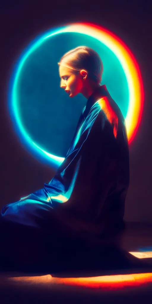 A woman, her blonde hair styled back, sits in profile view. She's dressed in a long, dark blue robe-like garment that seems to shimmer. She's positioned before a large, vibrant, circular light, resembling a neon rainbow halo, mostly teal and orange-red. The lighting dramatically illuminates the woman and casts an orange-hued shadow beneath her, creating a striking contrast against the dark background. The overall mood is one of ethereal beauty and artistic mystery.