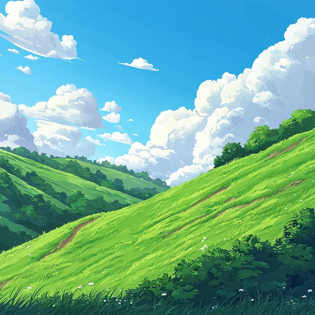The illustration depicts a vibrant, idyllic landscape. A gently sloping, verdant hill dominates the foreground, marked by faint pathways winding through the lush grass.  Rolling green hills, dotted with dark green trees, rise in the background under a bright blue sky filled with fluffy white clouds. The overall style is reminiscent of anime or a stylized cartoon, creating a cheerful and peaceful scene.  Small wildflowers are scattered at the base of the hill, adding to the scene's charm.